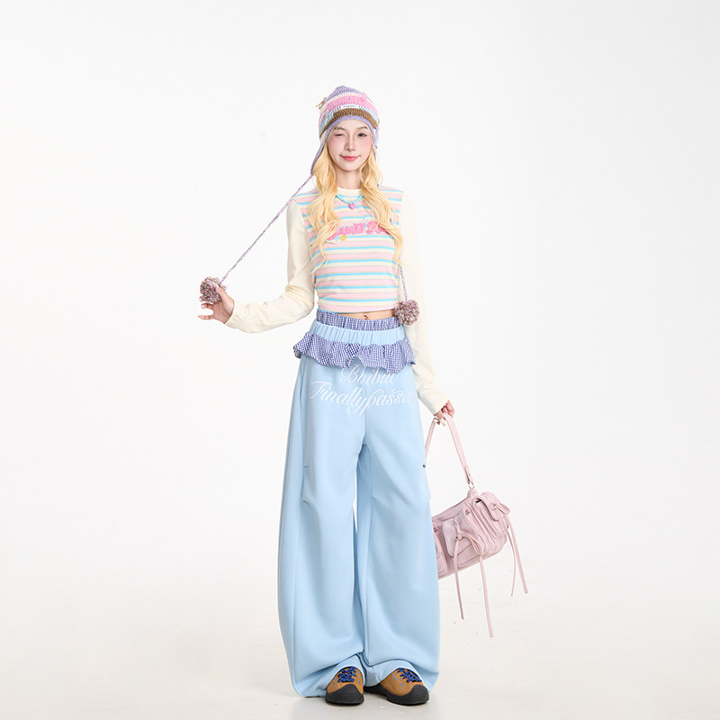 NERESUM甜美格纹花边粉色卫裤女褶皱跳舞弯刀长裤垂感显瘦阔腿裤,淘宝优惠券,粉丝福利购,淘宝优惠卷