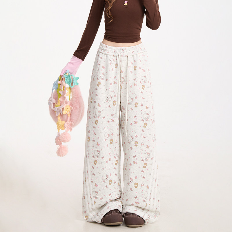 NERESUM裤子女满印Kitty猫条纹卫裤潮牌慵懒宽松运动裤秋季阔腿裤,淘宝优惠券,粉丝福利购,淘宝优惠卷