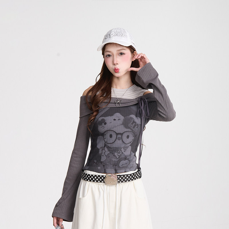 NERESUM韩系Kitty猫假两件长袖T恤女春季甜辣拼接设计感露肩上衣,淘宝优惠券,粉丝福利购,淘宝优惠卷