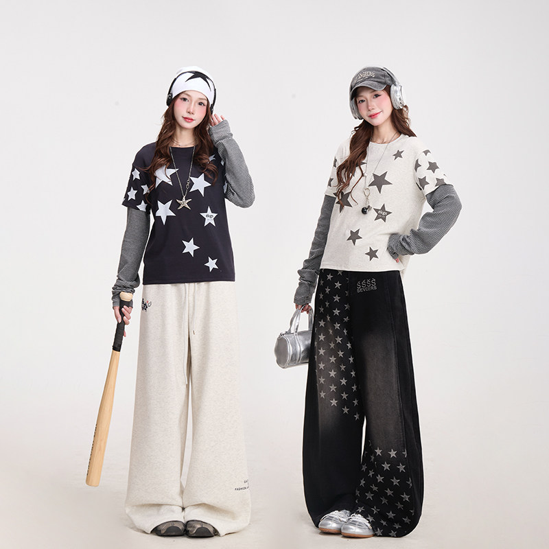 NERESUM复古星星条纹拼接长袖T恤女Y2K亚文化穿搭假两件短款上衣,淘宝优惠券,粉丝福利购,淘宝优惠卷