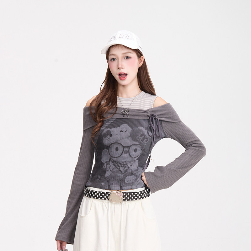 NERESUM韩系Kitty猫假两件长袖T恤女春季甜辣拼接设计感露肩上衣,淘宝优惠券,粉丝福利购,淘宝优惠卷