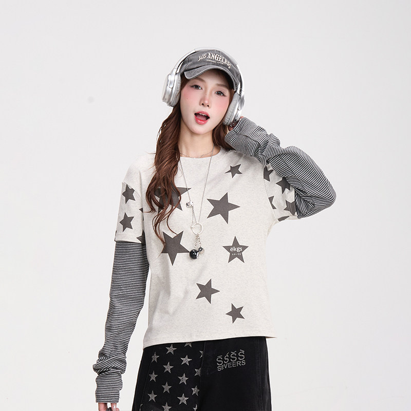 NERESUM复古星星条纹拼接长袖T恤女Y2K亚文化穿搭假两件短款上衣,淘宝优惠券,粉丝福利购,淘宝优惠卷