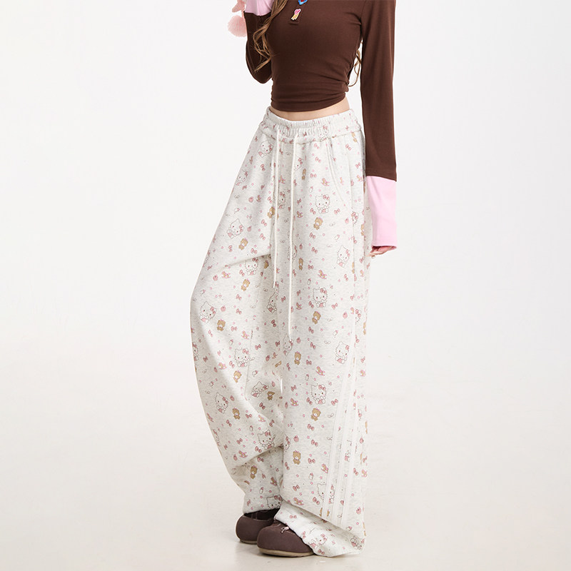 NERESUM裤子女满印Kitty猫条纹卫裤潮牌慵懒宽松运动裤秋季阔腿裤,淘宝优惠券,粉丝福利购,淘宝优惠卷