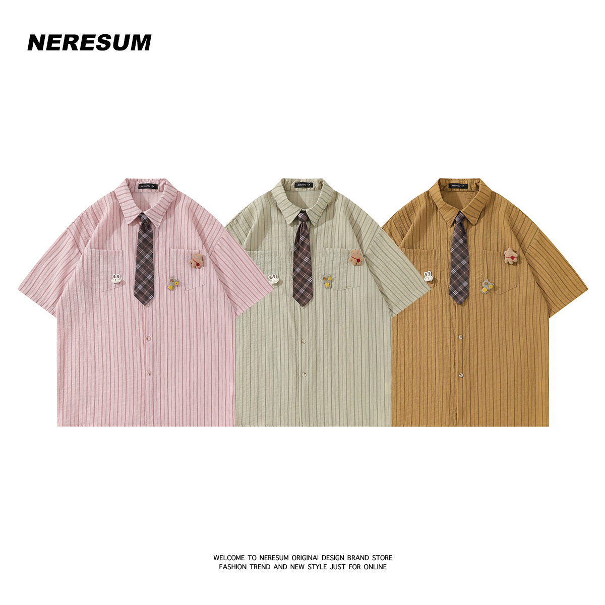 Neresum夏季复古学院风条纹短袖衬衫女宽松小众甜酷学生情侣衬衣