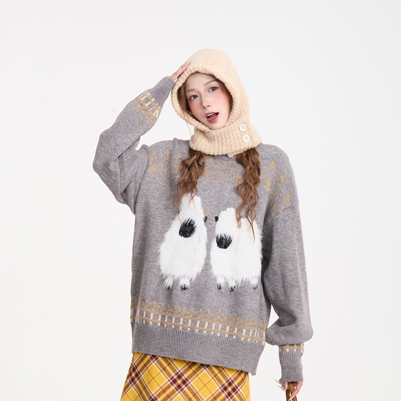 NERESUM费尔岛毛绒小羊毛衣女美式复古慵懒风秋冬宽松保暖针织衫 - 图3