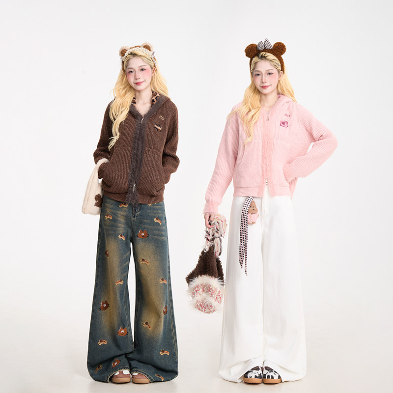 NERESUM豹纹拼接开衫外套刺绣连帽毛衣女秋冬慵懒复古短款针织衫,淘宝优惠券,粉丝福利购,淘宝优惠卷