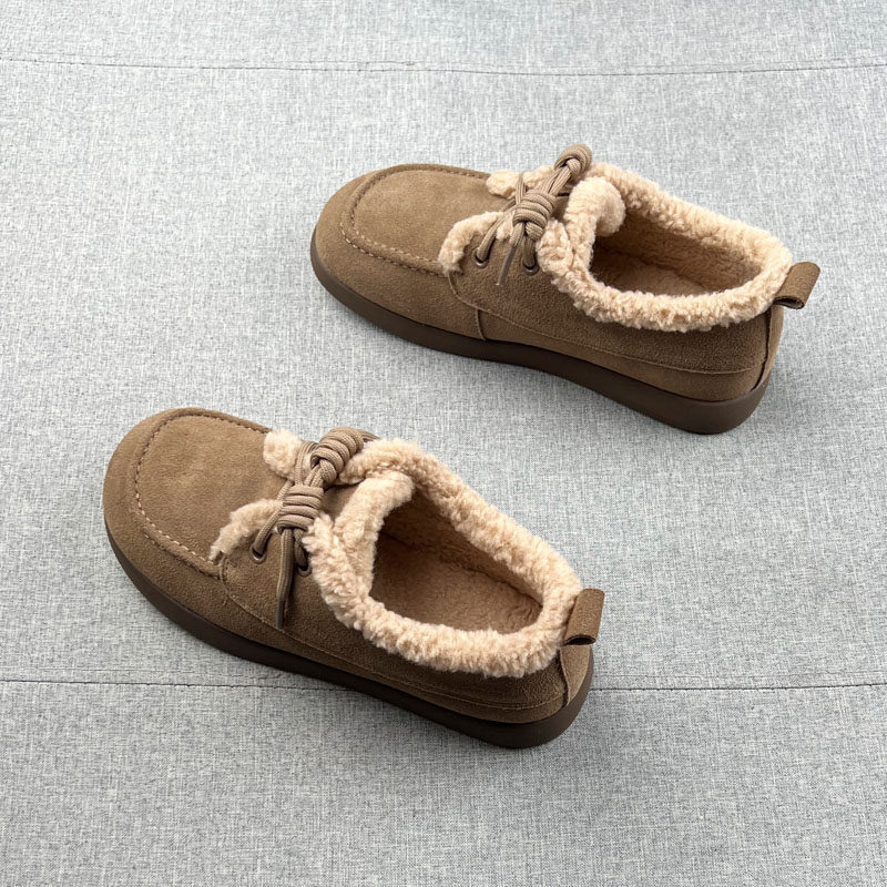 磨砂牛皮羊毛绒保暧豆豆鞋女2025年冬款软面平跟勃肯鞋一脚蹬棉鞋,淘宝优惠券,粉丝福利购,淘宝优惠卷