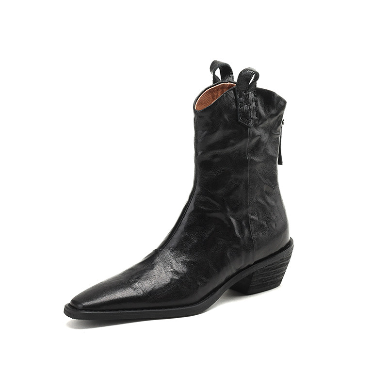 羊皮版~2025秋冬显瘦褶皱v口复古粗跟尖头西部牛仔靴女中跟短靴子,淘宝优惠券,粉丝福利购,淘宝优惠卷