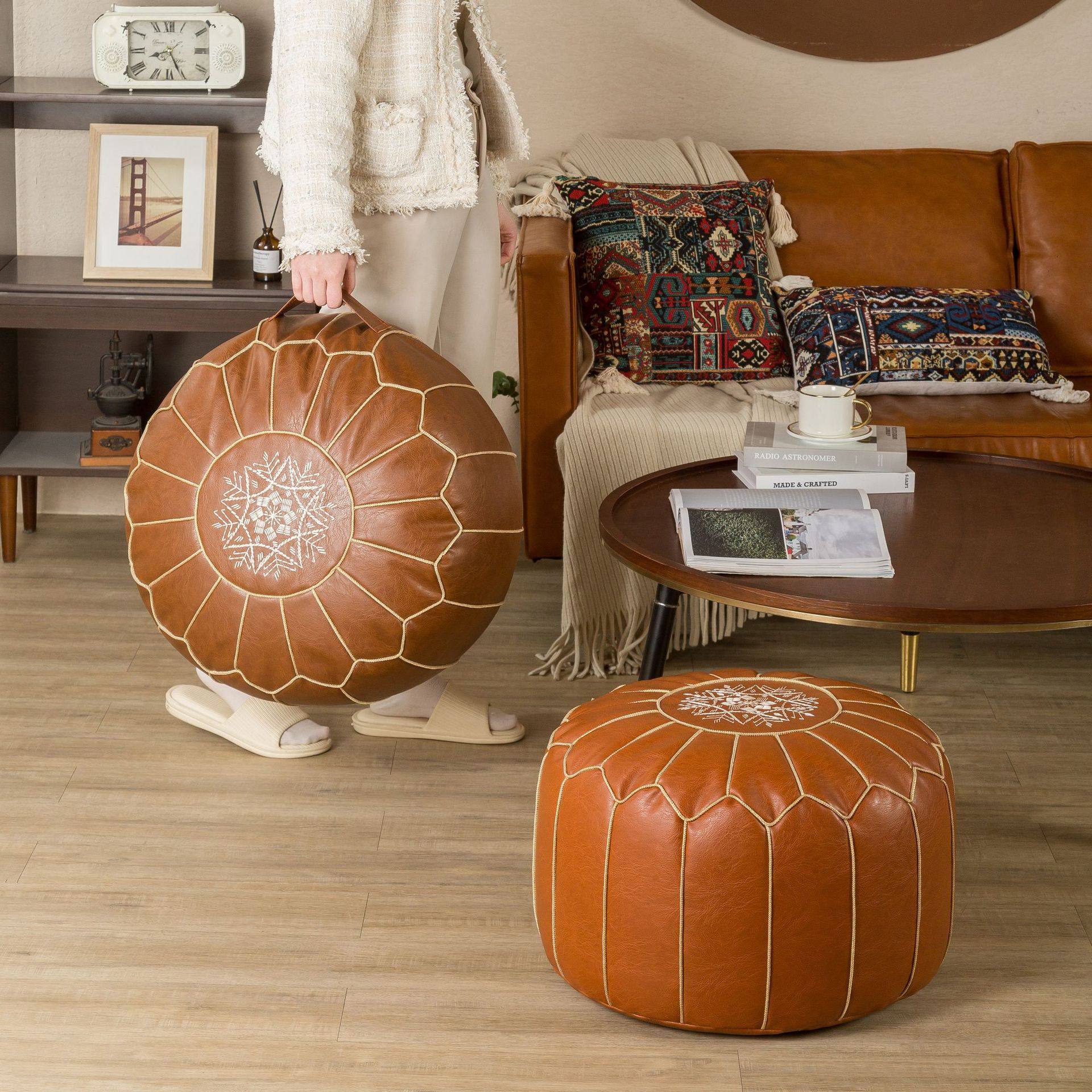 摩洛哥风情蒲团坐垫皮质坐墩地上复古榻榻米免洗小凳子脚踏搁脚凳