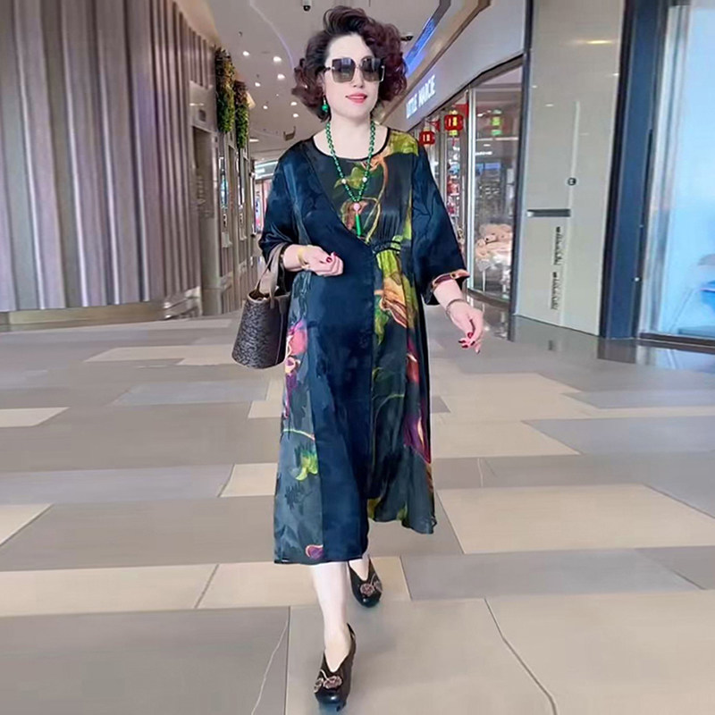 中年妈妈装国风连衣裙大码女装2025夏季高端洋气短袖真丝减龄裙子,淘宝优惠券,粉丝福利购,淘宝优惠卷