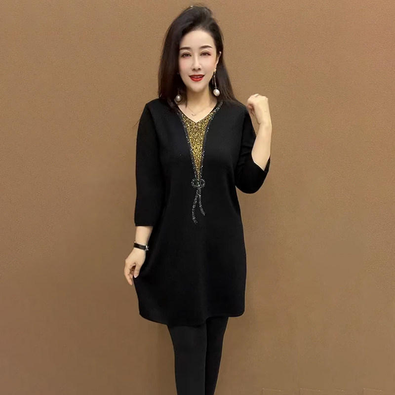 秋冬洋气V领针织大版衫宽松遮肉小个子妈妈弹力中长款打底毛衣裙,淘宝优惠券,粉丝福利购,淘宝优惠卷