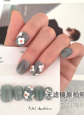 穿戴甲纯手工手绘冰透蓝简约短款