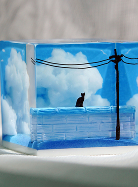 电线杆旁看云的猫手工滴胶摆件