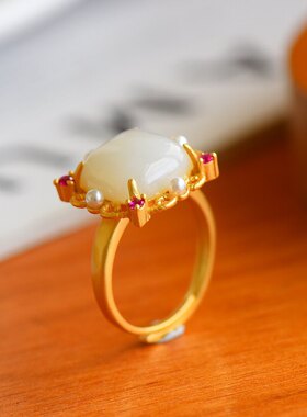 925银天然和田玉方形女戒可调节