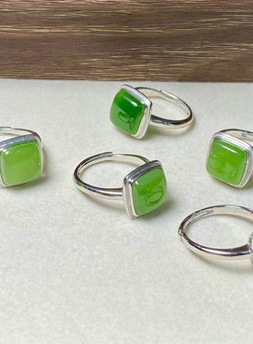 绿和田玉碧玉925银开口戒指女