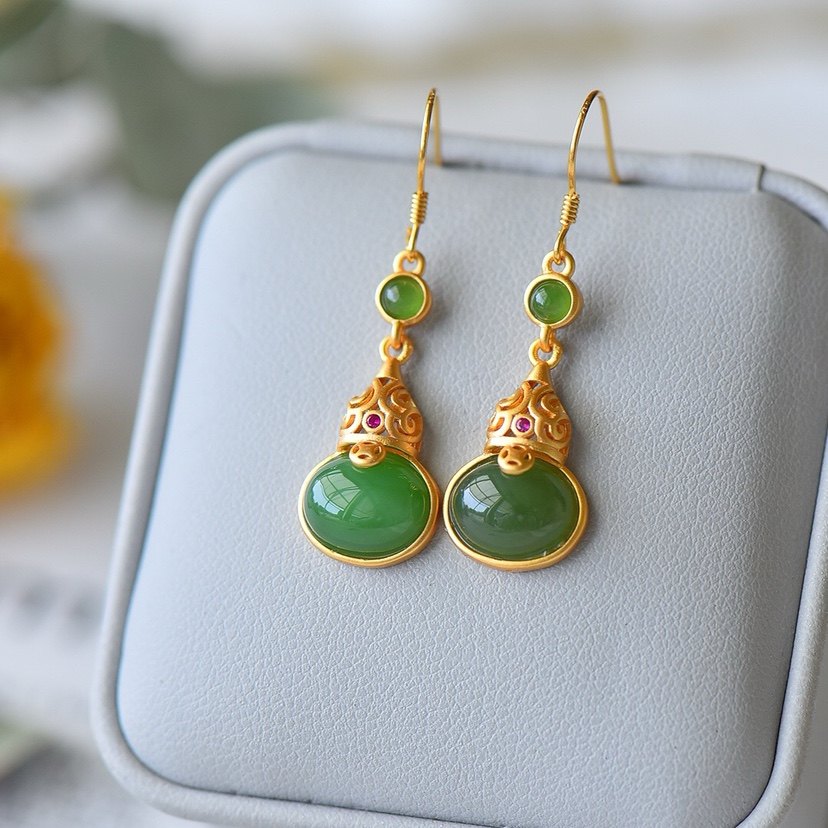 天然和田玉碧玉葫芦耳坠s925银镀金镶嵌女款玉石耳环耳饰礼物饰品,淘宝优惠券,粉丝福利购,淘宝优惠卷