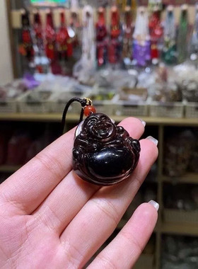 天然高冰黑曜石佛公吊坠本命年