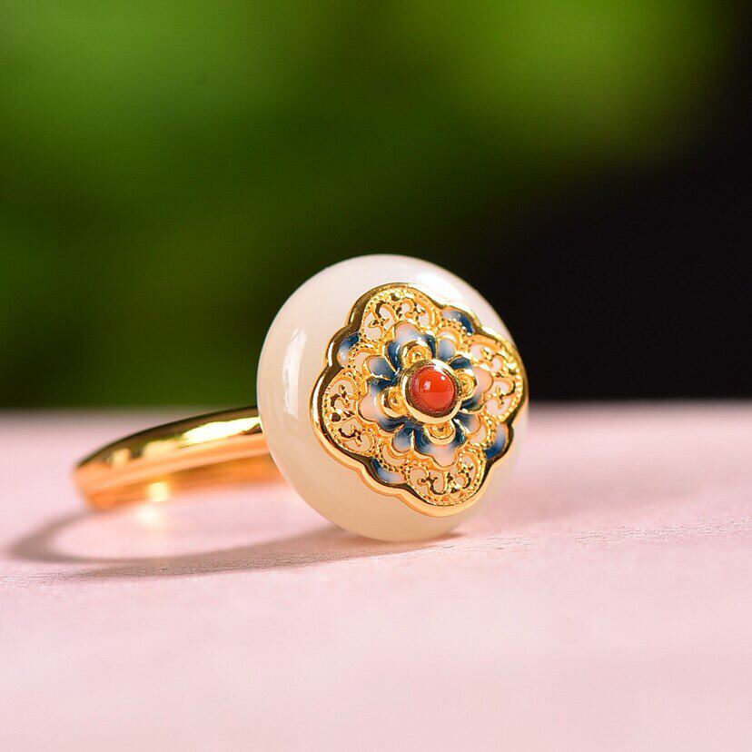 Vintage palace Hetian jade silver open ring