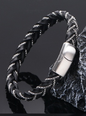 新款时尚高级皮革编织男士手链