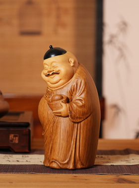 高端中式地主摆件客厅财神爷雕塑仿木雕茶几博古架装饰品桌面摆设