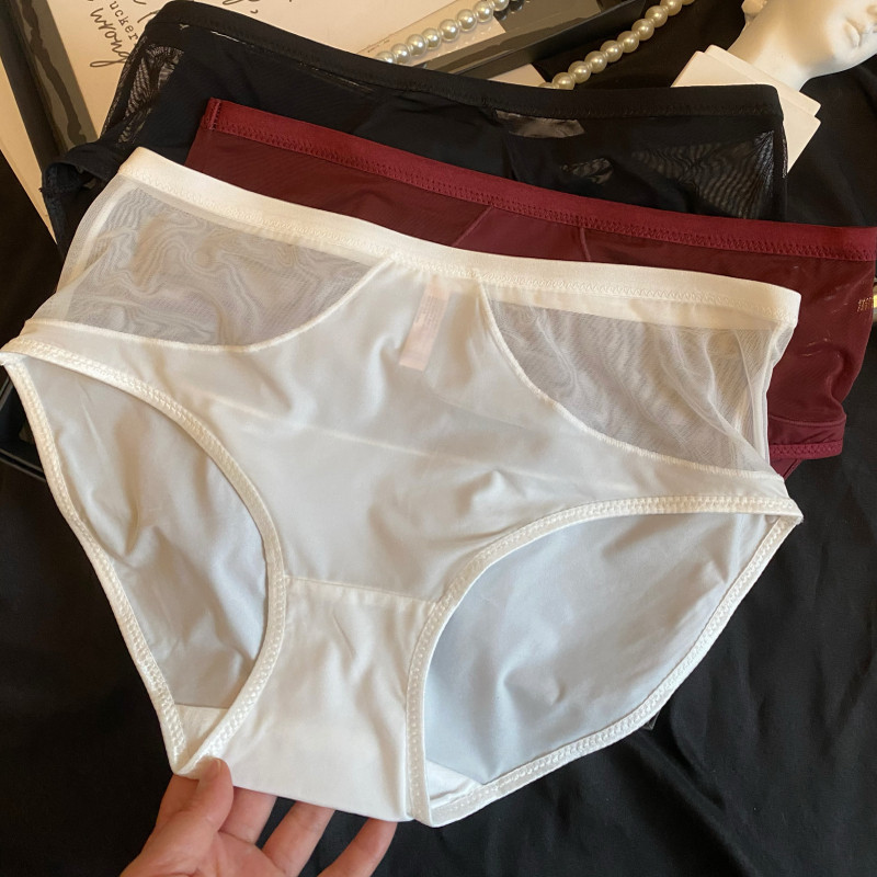2025新款法式复古酒红色性感侧边网纱拼接冰丝中腰透气三角内裤女,淘宝优惠券,粉丝福利购,淘宝优惠卷