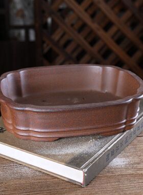 宜兴紫砂大号花盆 柴烧复古中式 双线棱角长方 盆景绿植桌面
