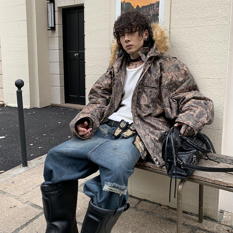 POH 24AW 落叶迷彩铆钉洗水做旧N2B短款连帽夹克棉服外套 - 图1