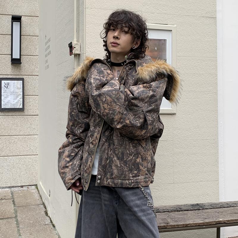 POH 24AW 落叶迷彩铆钉洗水做旧N2B短款连帽夹克棉服外套 - 图3