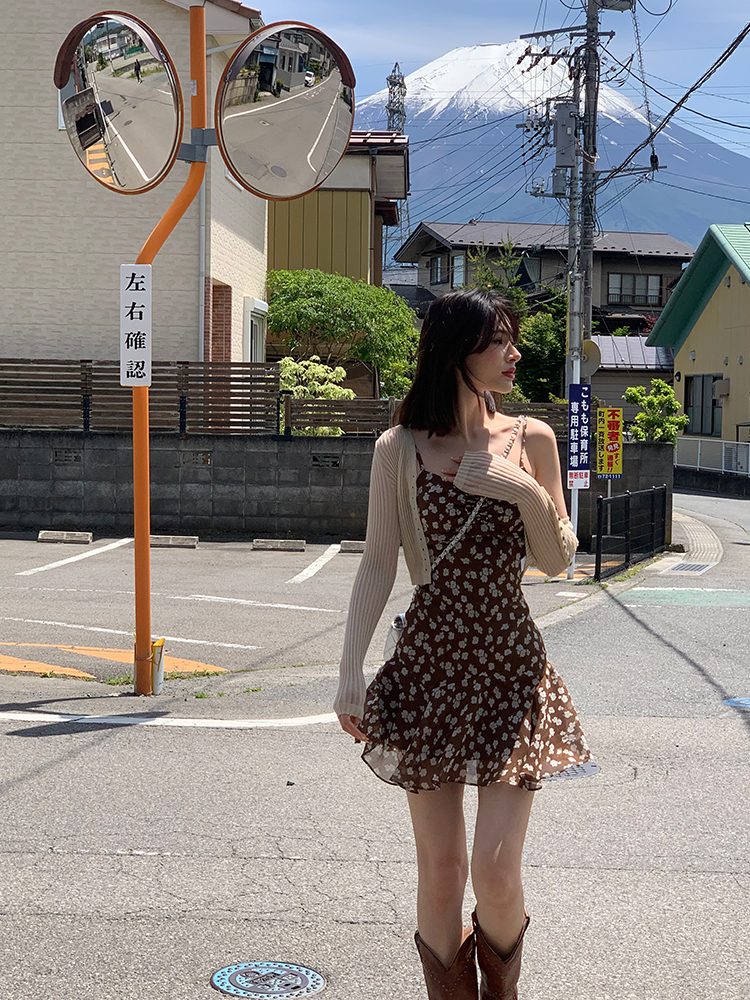 Lienni 洋房花卉/夏季高腰显瘦鱼尾咖色碎花镂空吊带长款连衣裙女