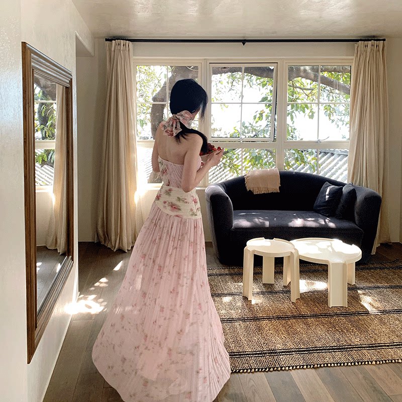 Lienni2025新款收腰显瘦甜美气质镂空百褶碎花长款抹胸连衣裙女