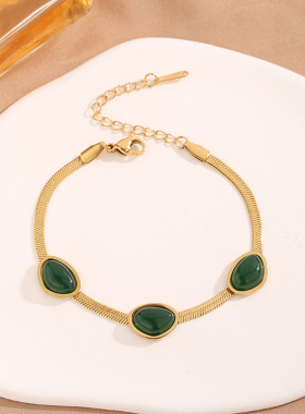 异形祖母绿项链 钛钢复古刀片链简约设计感小众锁骨链颈链配饰品