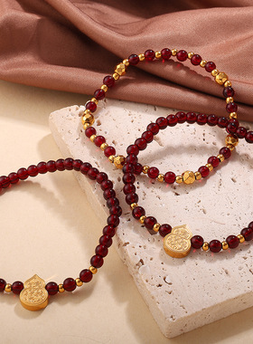 欧美跨境红运手链酒红珠串国风福韵招财显白日常百搭轻奢手串