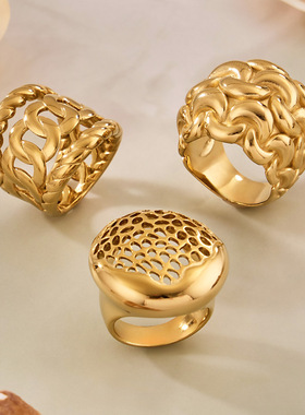 欧美跨境热销不锈钢镂空球形食指戒组合镀18k金时尚个性戒指现货