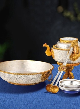 尼泊尔供具曼扎全套藏传佛前一套摆件铜鎏金银供佛大全米盒宝瓶