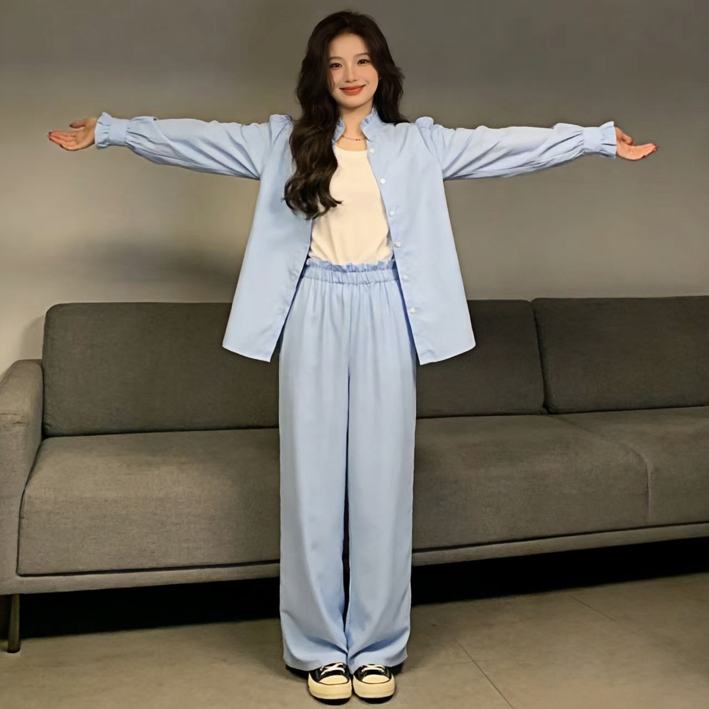 2026春夏木耳边衬衫+阔腿裤套装女 新款气质百搭垂感休闲两件套,淘宝优惠券,粉丝福利购,淘宝优惠卷