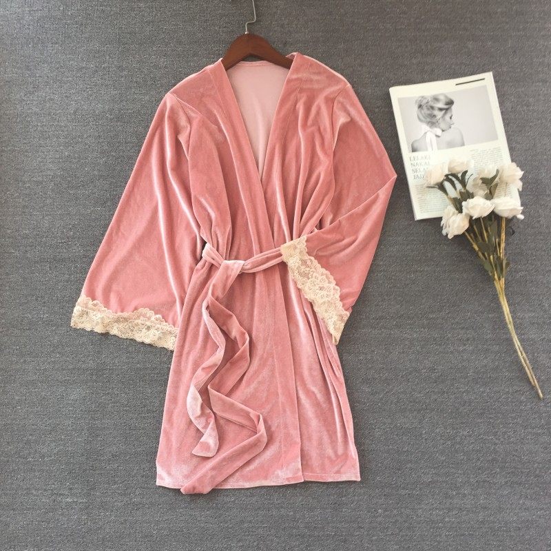 睡袍金丝绒女春秋空调房蕾丝搭吊带裙套装可外穿冬季纯色性感浴袍,淘宝优惠券,粉丝福利购,淘宝优惠卷