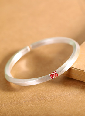 足银999纯银时尚轻奢风红色烧蓝红福字手镯首饰手环国风28克