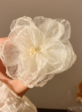 白月光欧根纱超仙网纱白色花朵发夹女刘海侧边夹春夏发卡海边头饰