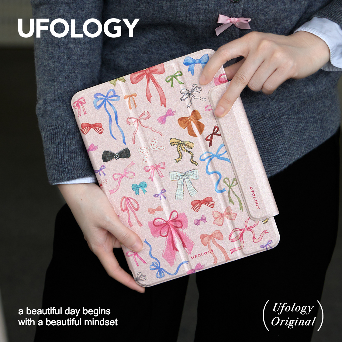 Ufology原创适用ipadpro11寸保护壳7/8/9/10代平板保护套mini6保护套air4磁吸air5笔槽2022苹果蝴蝶结春天粉 - 图1