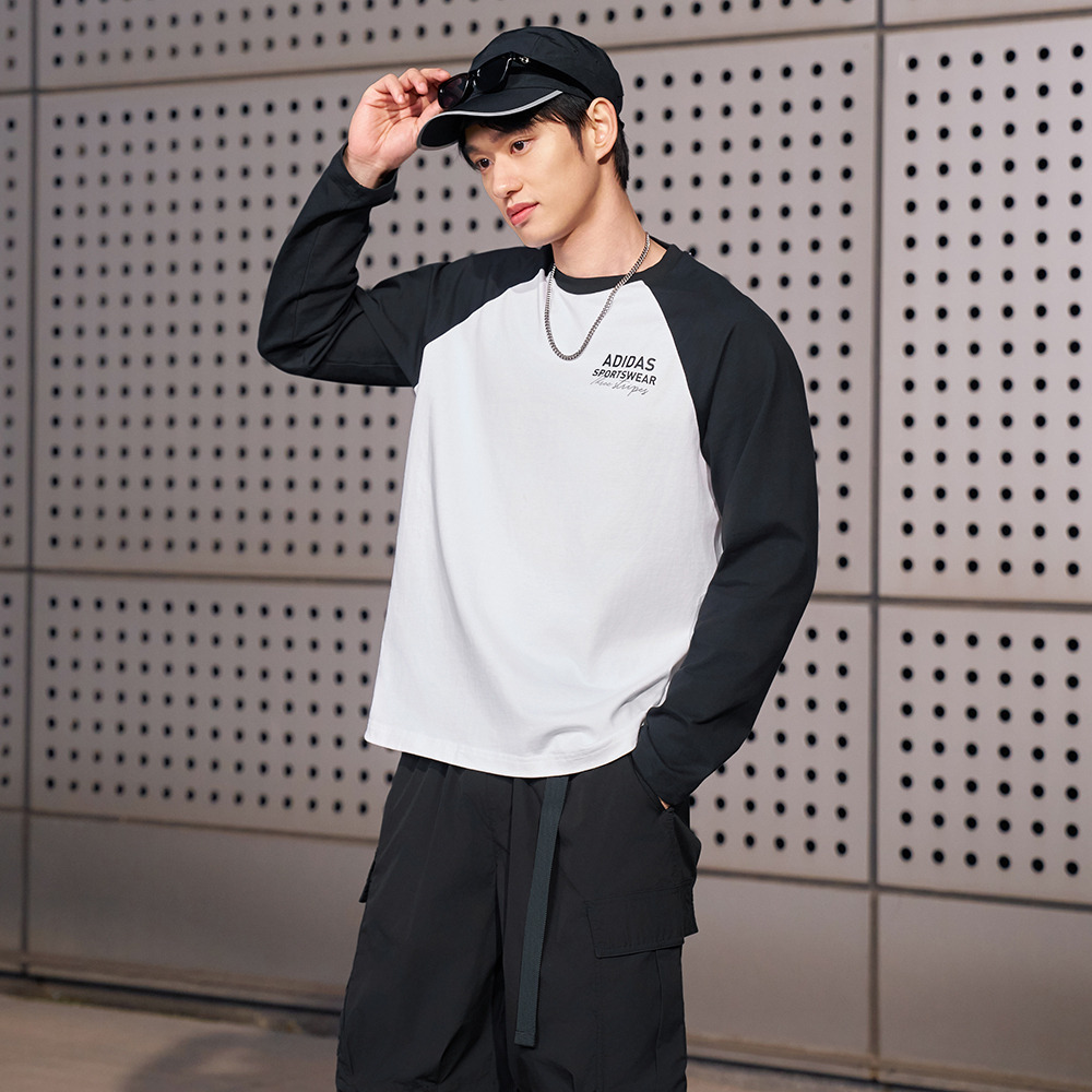 休闲宽松撞色纯棉圆领长袖T恤男女秋季adidas阿迪达斯轻运动 - 图1