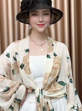 2026夏季新款冰丝雪纺长袖宽袖百搭防晒披肩系带防晒衣开衫外套