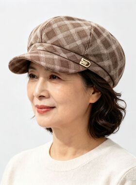 复古格子遮阳鸭舌帽女春秋显脸小