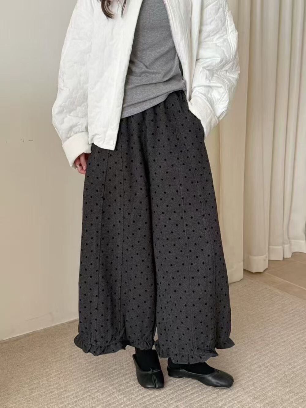 九分裤束脚花苞波点羊毛呢裤子女2025秋冬韩系宽松百搭显瘦阔腿裤,淘宝优惠券,粉丝福利购,淘宝优惠卷