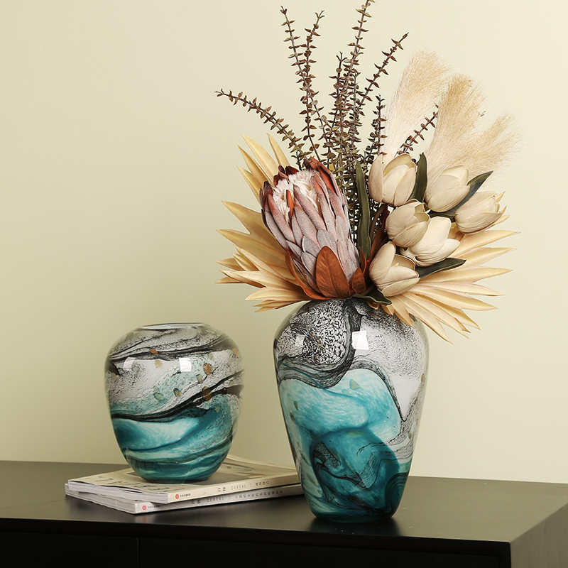 现代创意轻奢彩色墨兰玻璃花瓶摆件样板间装饰品餐桌插花摆设复古-图1