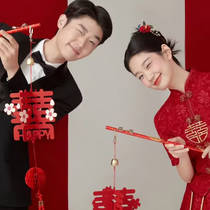 New Chinese qipao photo Handheld with festive character lantern playful wedding with wind and bridal photo props hand to get felt red and joyful