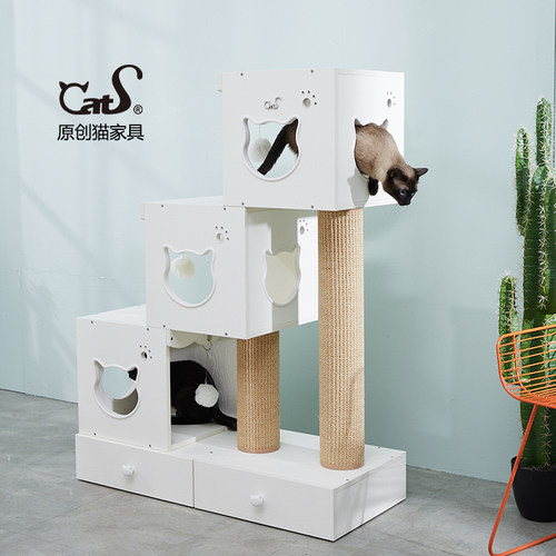 CatS猫家具步步高带抽屉 木制猫窝猫爬架猫树猫抓柱猫玩具 送垫 - 图1