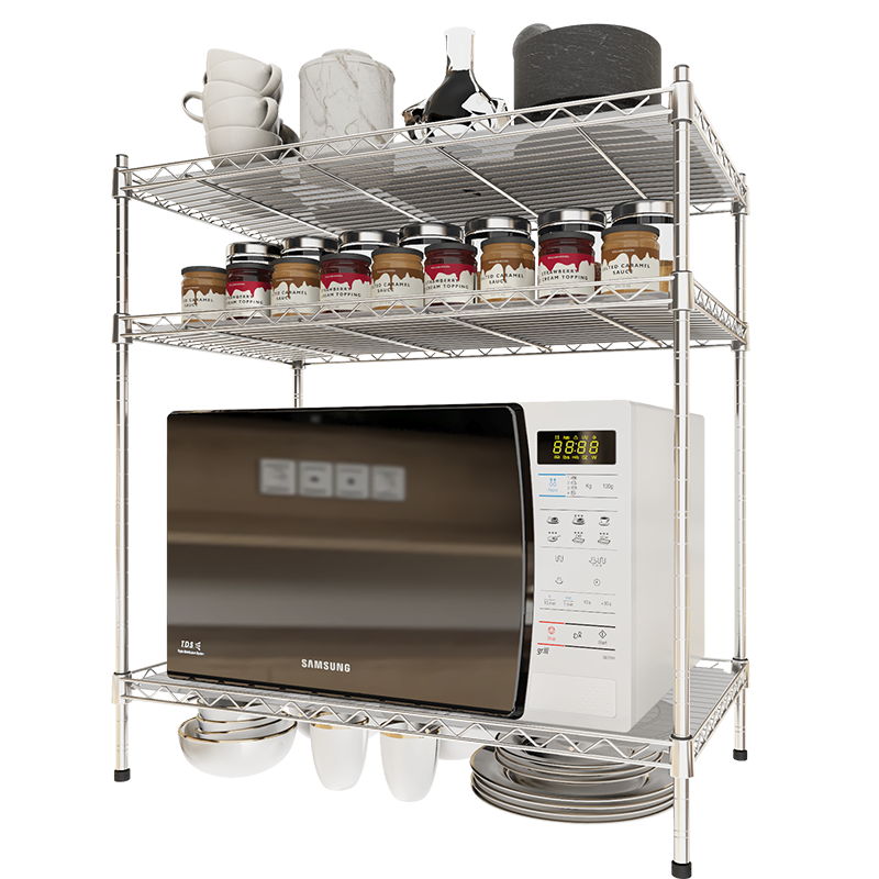 家庭厨房不锈钢304架子3层微波炉整理架碗盘收纳置物架免打孔安装