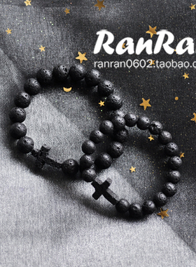 原创黑色天然十字架礼物情侣手链