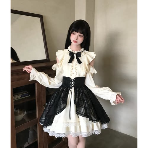 啦啦酱 黑巧香槟 黑白色系露肩千金风长袖连衣裙清楚系短裙套装 - 图0