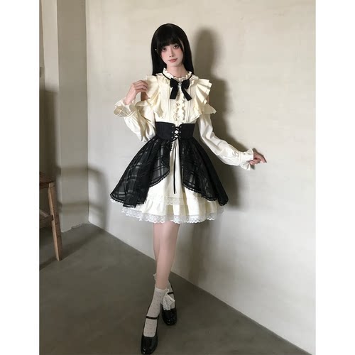 啦啦酱 黑巧香槟 黑白色系露肩千金风长袖连衣裙清楚系短裙套装 - 图1